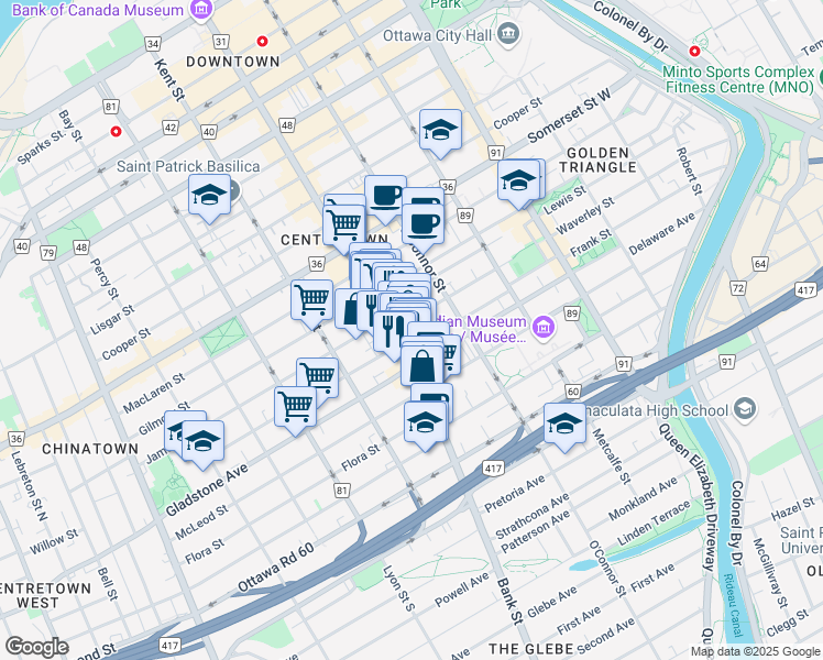 map of restaurants, bars, coffee shops, grocery stores, and more near 403 Bank Street in Ottawa