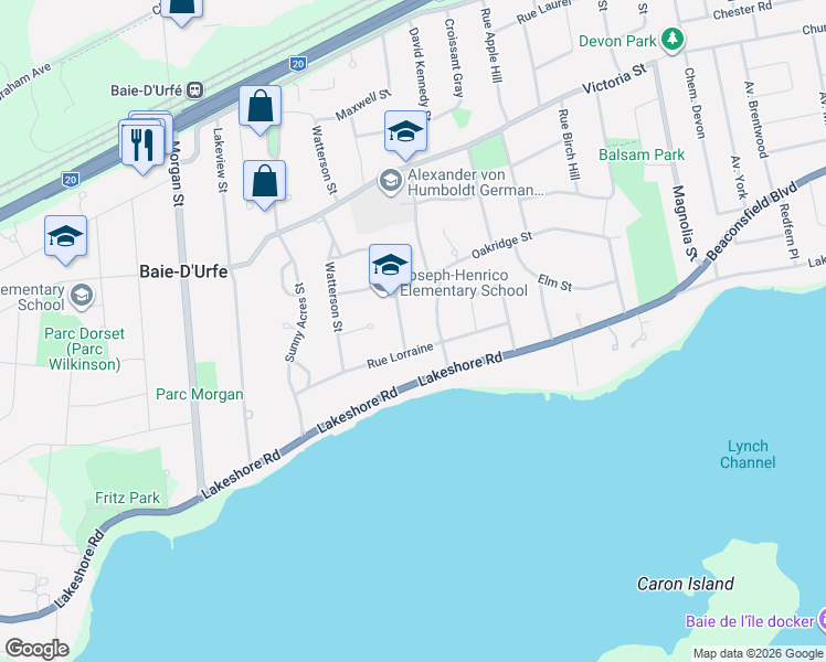 map of restaurants, bars, coffee shops, grocery stores, and more near 9 Rue Maughan in Baie-d'Urfé