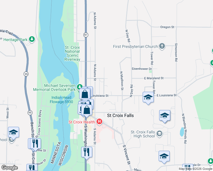 map of restaurants, bars, coffee shops, grocery stores, and more near 200 North Jefferson Street in Saint Croix Falls