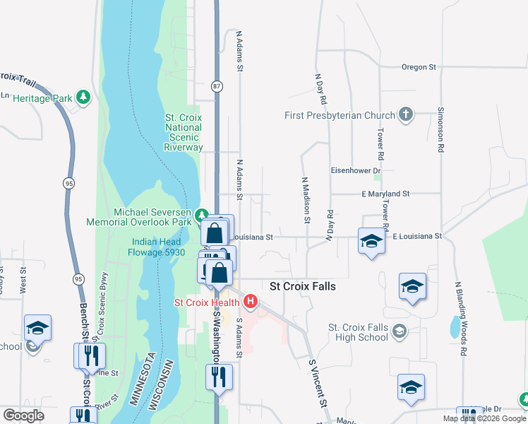 map of restaurants, bars, coffee shops, grocery stores, and more near 200 North Jefferson Street in Saint Croix Falls
