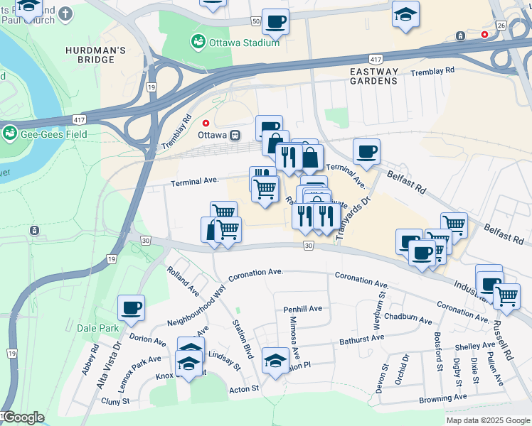 map of restaurants, bars, coffee shops, grocery stores, and more near 450 Terminal Avenue in Ottawa