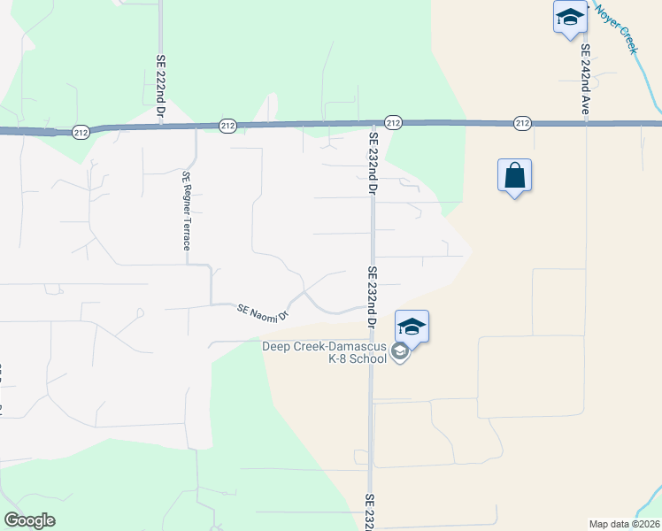 map of restaurants, bars, coffee shops, grocery stores, and more near 23042 Southeast Naomi Court in Damascus