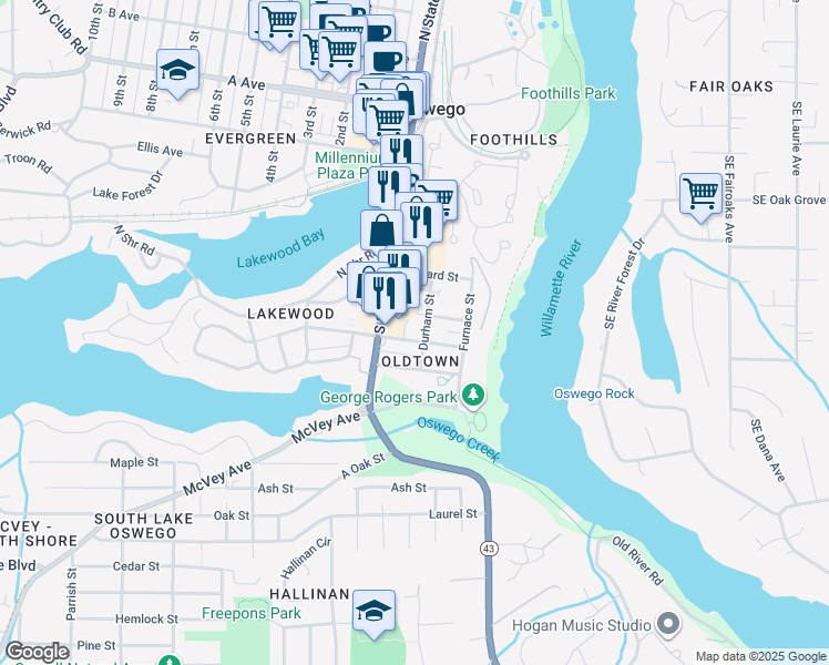 map of restaurants, bars, coffee shops, grocery stores, and more near 59 Wilbur Street in Lake Oswego
