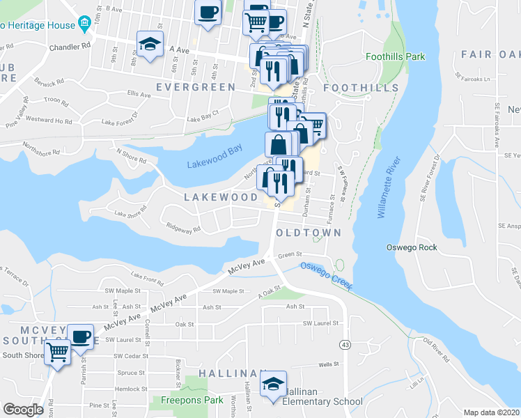map of restaurants, bars, coffee shops, grocery stores, and more near Ridgeway Road in Lake Oswego