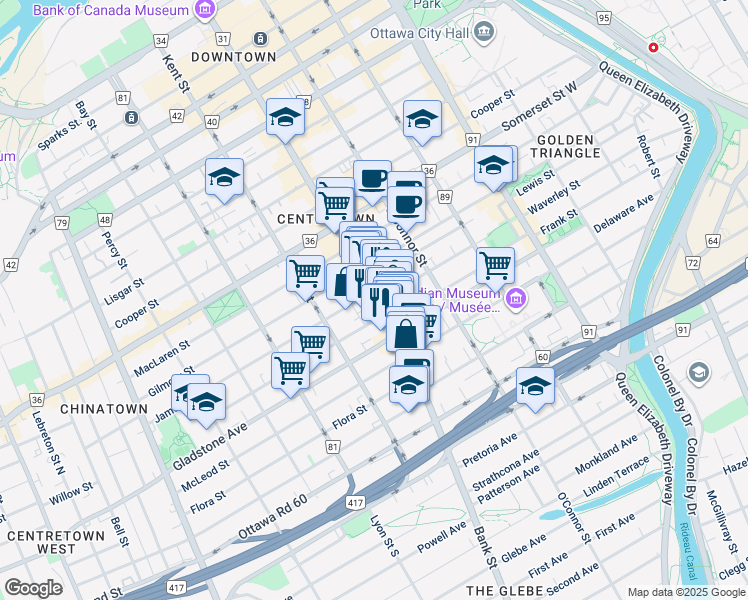 map of restaurants, bars, coffee shops, grocery stores, and more near in Ottawa
