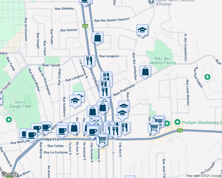 map of restaurants, bars, coffee shops, grocery stores, and more near 310 13 Avenue Nord in Sherbrooke