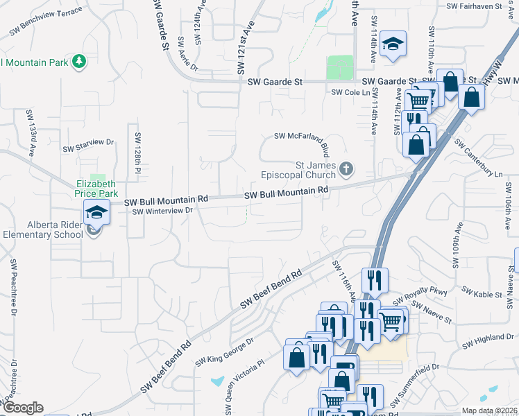 map of restaurants, bars, coffee shops, grocery stores, and more near 12048 Southwest Caffall Lane in Tigard