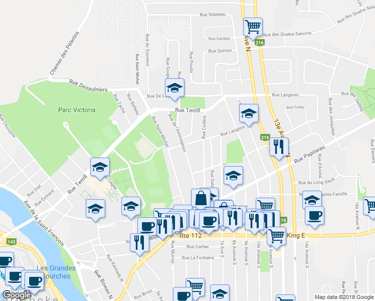 map of restaurants, bars, coffee shops, grocery stores, and more near 400 Rue de l'Assomption in Sherbrooke