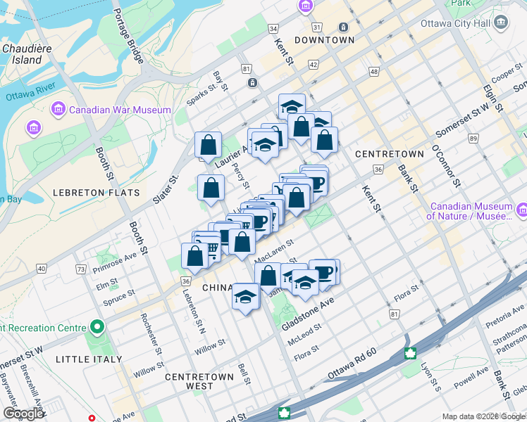 map of restaurants, bars, coffee shops, grocery stores, and more near 113 Percy Street in Ottawa