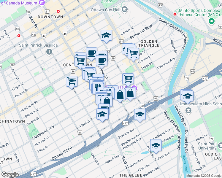 map of restaurants, bars, coffee shops, grocery stores, and more near 315 McLeod Street in Ottawa