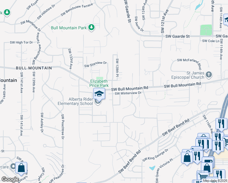 map of restaurants, bars, coffee shops, grocery stores, and more near 12869 Southwest Winterview Drive in Tigard