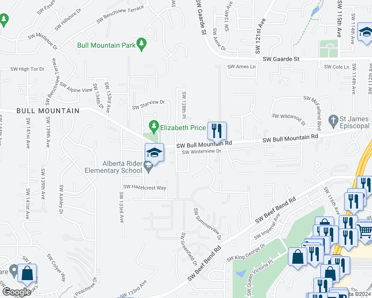 map of restaurants, bars, coffee shops, grocery stores, and more near 12797 Southwest Winterview Drive in Tigard