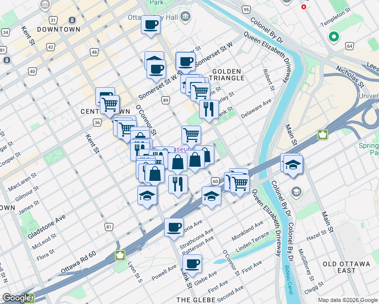 map of restaurants, bars, coffee shops, grocery stores, and more near 249 McLeod Street in Ottawa