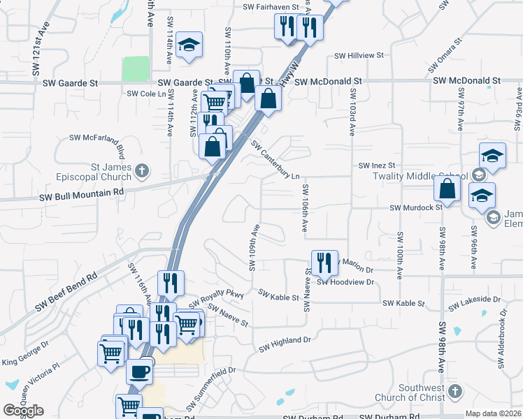 map of restaurants, bars, coffee shops, grocery stores, and more near 14994 Southwest 109th Avenue in Tigard