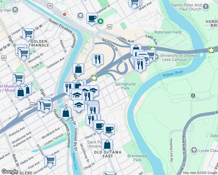 map of restaurants, bars, coffee shops, grocery stores, and more near in Ottawa