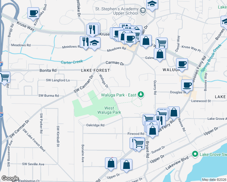 map of restaurants, bars, coffee shops, grocery stores, and more near 15570 Waluga Drive in Lake Oswego