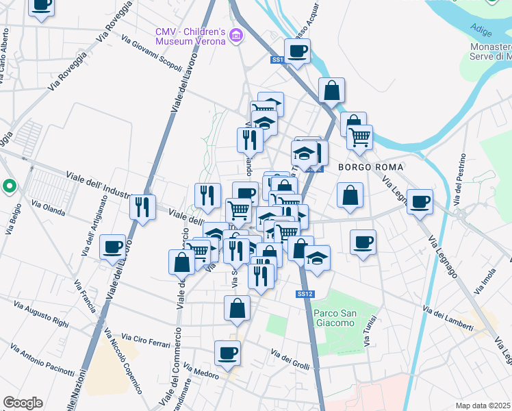 map of restaurants, bars, coffee shops, grocery stores, and more near 7 Via Monfalcone in Verona
