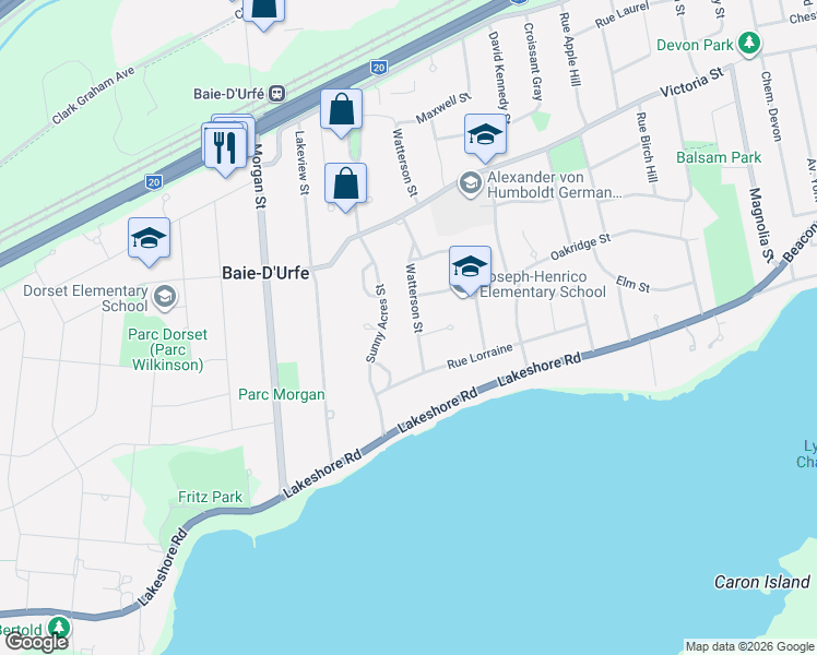 map of restaurants, bars, coffee shops, grocery stores, and more near 14 Rue Watterson in Baie-d'Urfé