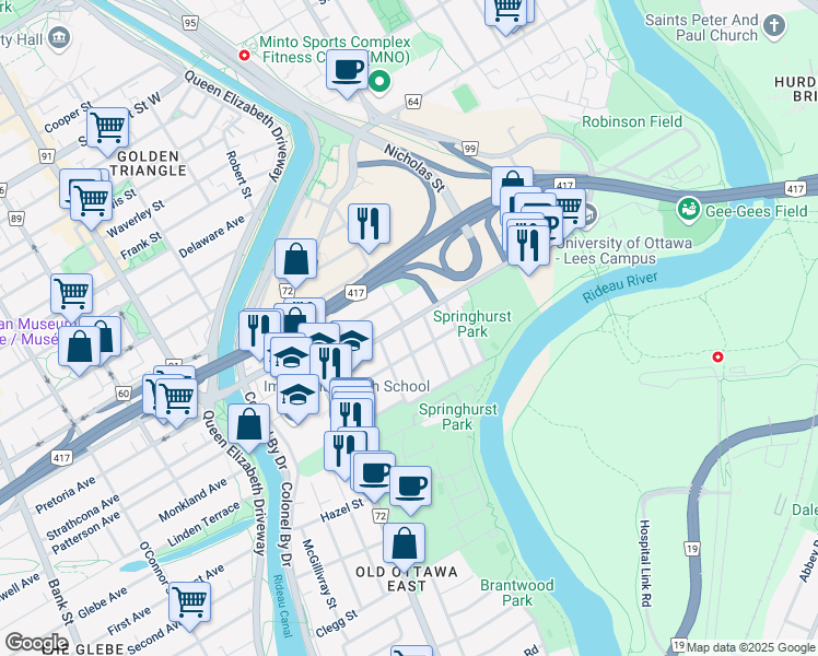 map of restaurants, bars, coffee shops, grocery stores, and more near 135 Concord Street South in Ottawa