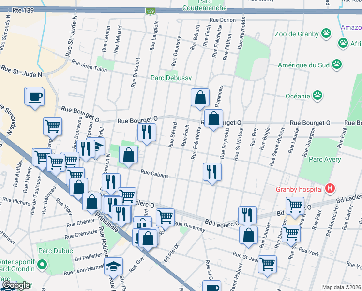map of restaurants, bars, coffee shops, grocery stores, and more near 571 Rue la Fontaine in Granby