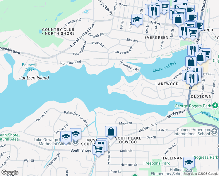 map of restaurants, bars, coffee shops, grocery stores, and more near 951 Westpoint Road in Lake Oswego