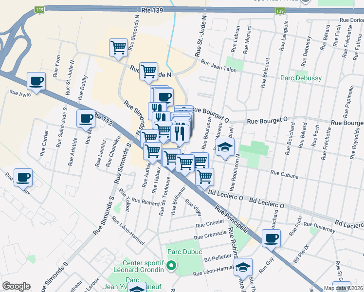 map of restaurants, bars, coffee shops, grocery stores, and more near 37 Rue Évangéline in Granby