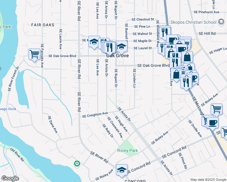 map of restaurants, bars, coffee shops, grocery stores, and more near 15088 Southeast Rupert Drive in Milwaukie
