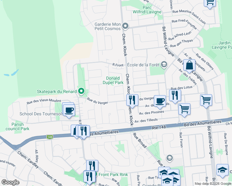 map of restaurants, bars, coffee shops, grocery stores, and more near 41 Rue du Couguar in Gatineau