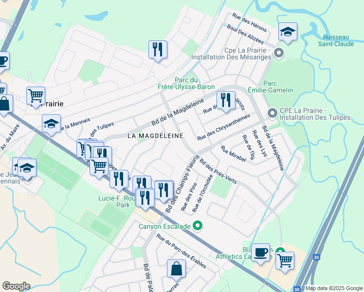 map of restaurants, bars, coffee shops, grocery stores, and more near 145 Boulevard des Prés Verts in La Prairie