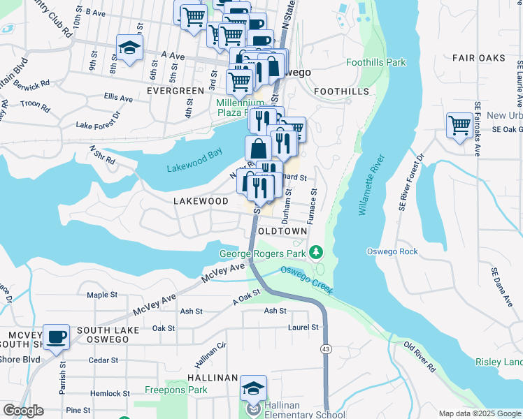 map of restaurants, bars, coffee shops, grocery stores, and more near 368 South State Street in Lake Oswego