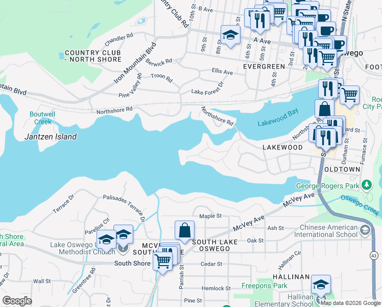 map of restaurants, bars, coffee shops, grocery stores, and more near 941 Westpoint Road in Lake Oswego