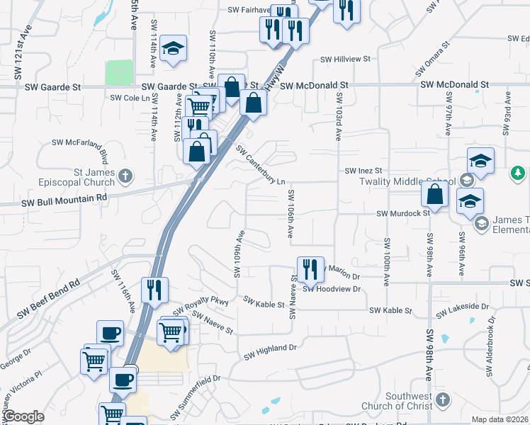 map of restaurants, bars, coffee shops, grocery stores, and more near 10635 Southwest Murdock Lane in Tigard