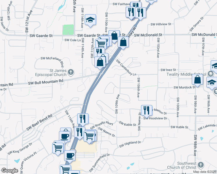 map of restaurants, bars, coffee shops, grocery stores, and more near 10994 Southwest Annand Hill Court in Tigard