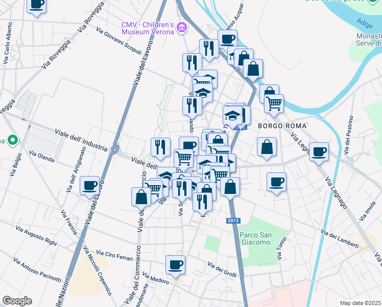 map of restaurants, bars, coffee shops, grocery stores, and more near 126A Via Scuderlando in Verona