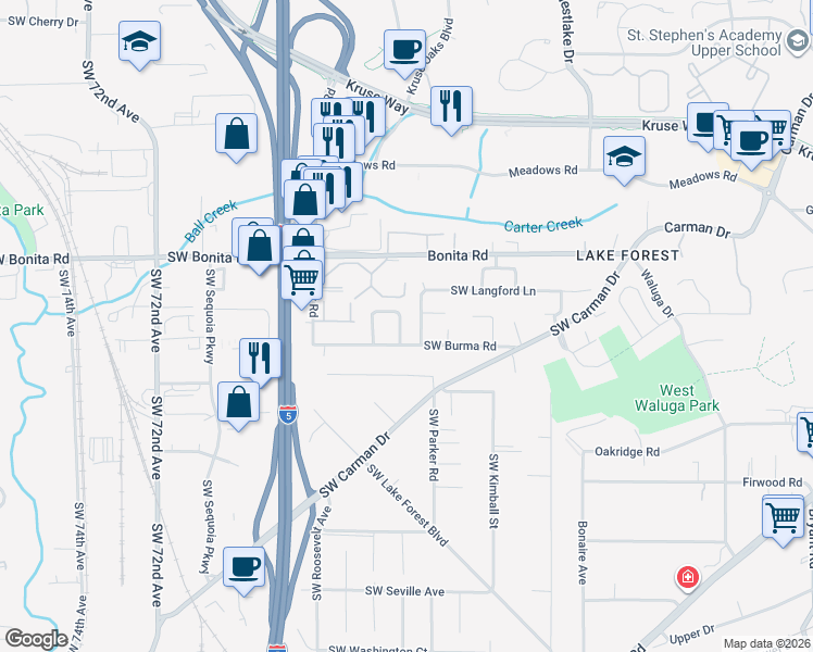 map of restaurants, bars, coffee shops, grocery stores, and more near 15540 Partridge Drive in Lake Oswego
