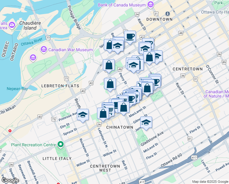 map of restaurants, bars, coffee shops, grocery stores, and more near 208 Bronson Avenue in Ottawa