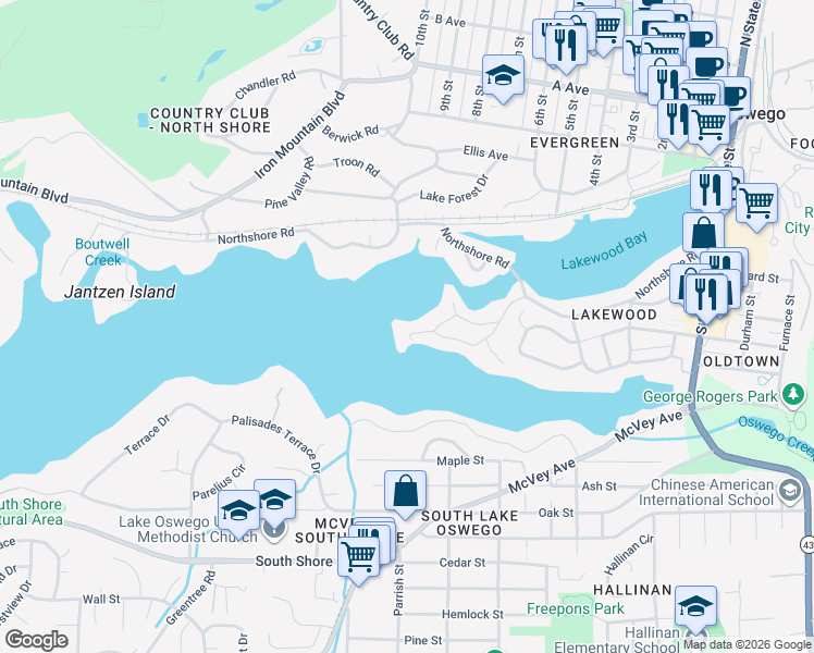 map of restaurants, bars, coffee shops, grocery stores, and more near 941 Westpoint Road in Lake Oswego