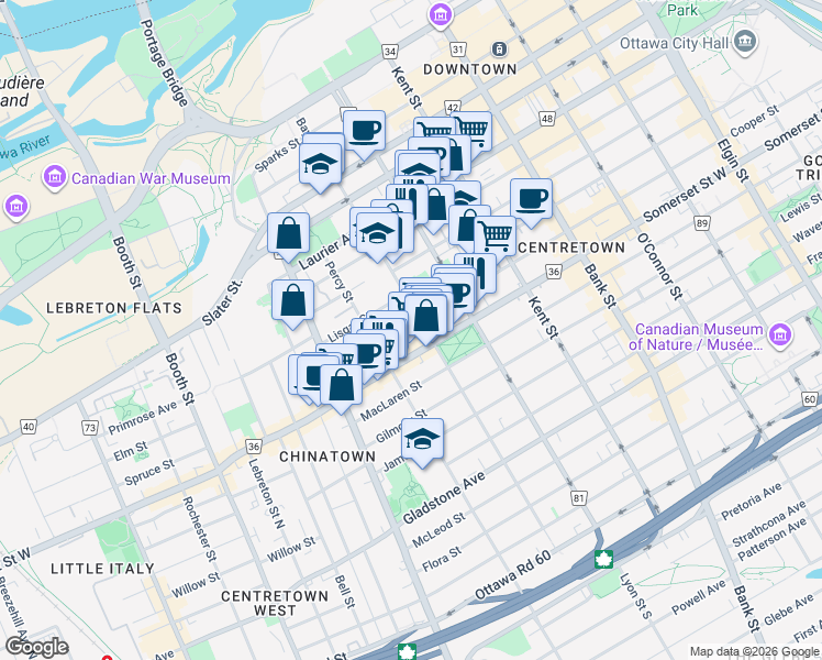 map of restaurants, bars, coffee shops, grocery stores, and more near in Ottawa