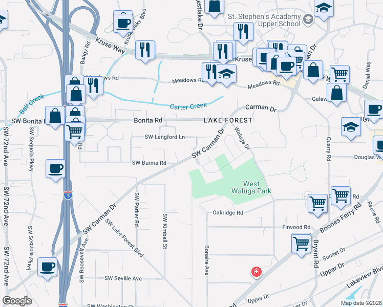 map of restaurants, bars, coffee shops, grocery stores, and more near 5448 Southwest Langford Lane in Lake Oswego