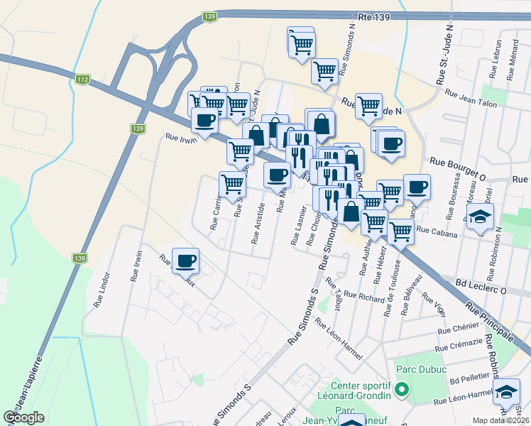 map of restaurants, bars, coffee shops, grocery stores, and more near 27 Rue Aristide in Granby