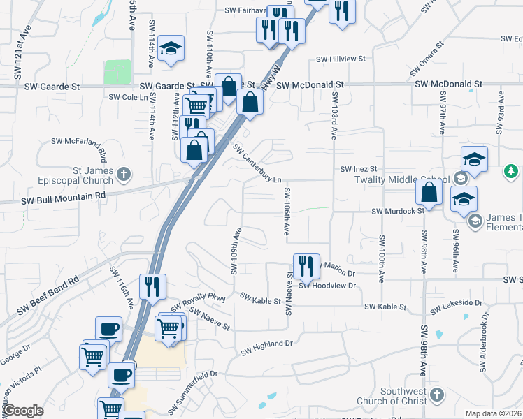 map of restaurants, bars, coffee shops, grocery stores, and more near 10635 Southwest Murdock Lane in Tigard