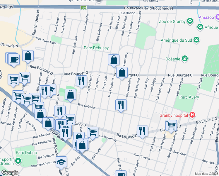 map of restaurants, bars, coffee shops, grocery stores, and more near 316 Rue Fréchette in Granby