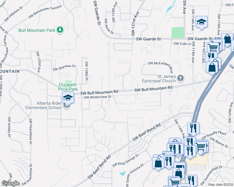 map of restaurants, bars, coffee shops, grocery stores, and more near 12425 Southwest Winterview Drive in Tigard