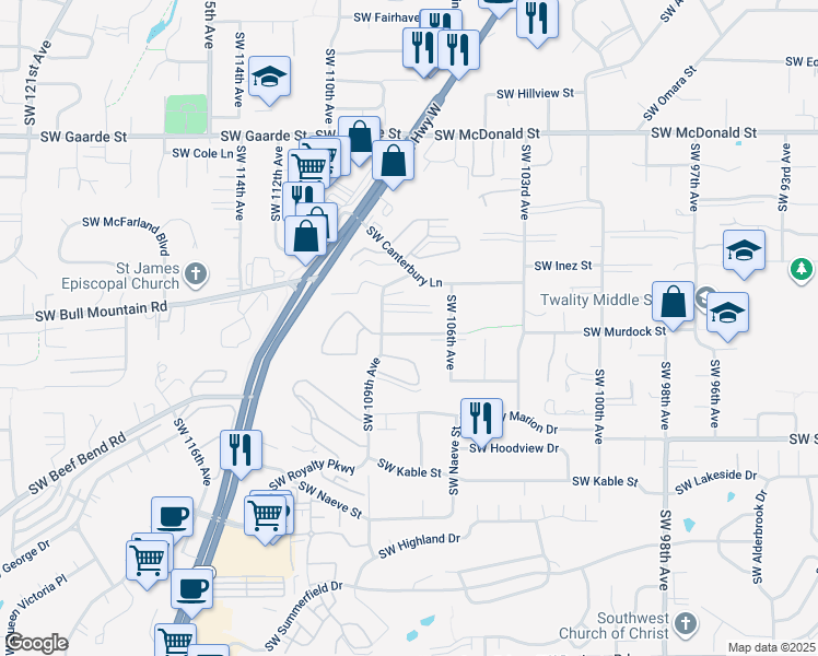 map of restaurants, bars, coffee shops, grocery stores, and more near 10695 Southwest Murdock Street in Tigard