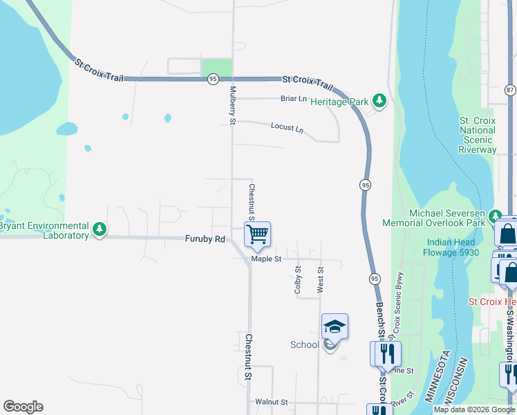 map of restaurants, bars, coffee shops, grocery stores, and more near 1019 Chestnut Street in Taylors Falls