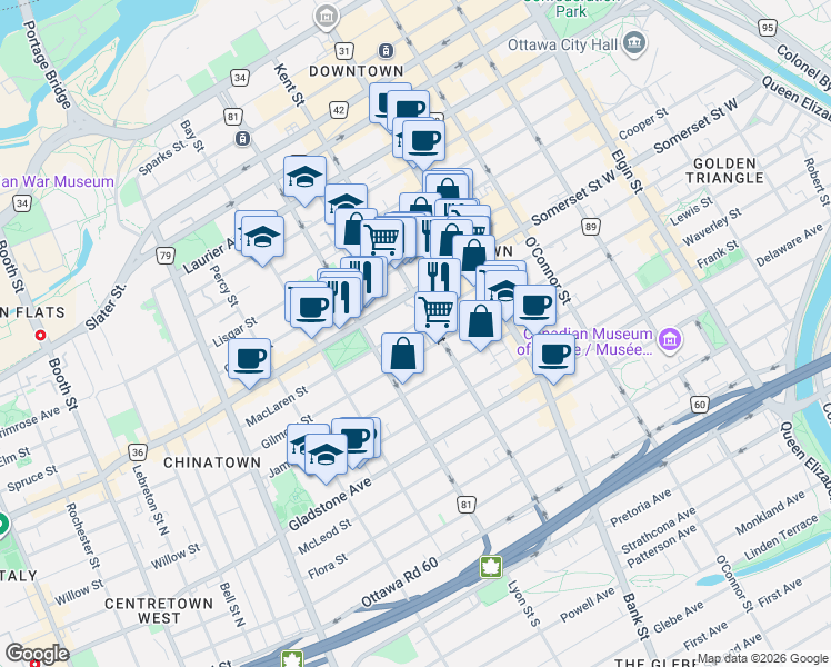 map of restaurants, bars, coffee shops, grocery stores, and more near 466 MacLaren Street in Ottawa