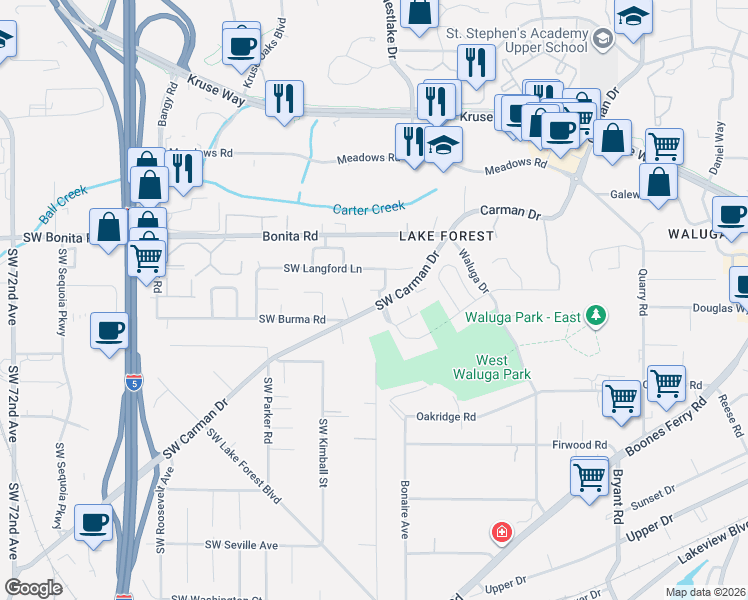 map of restaurants, bars, coffee shops, grocery stores, and more near 15677 Fieldstone Drive in Lake Oswego