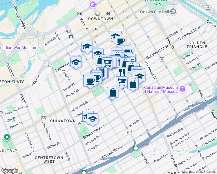map of restaurants, bars, coffee shops, grocery stores, and more near 503 MacLaren Street in Ottawa