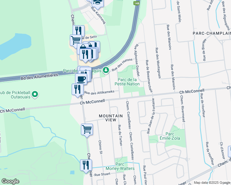 map of restaurants, bars, coffee shops, grocery stores, and more near 6 Rue des Attikameks in Gatineau