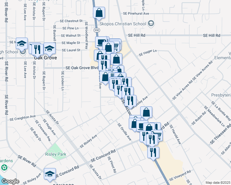 map of restaurants, bars, coffee shops, grocery stores, and more near 15115 Southeast McLoughlin Boulevard in Milwaukie